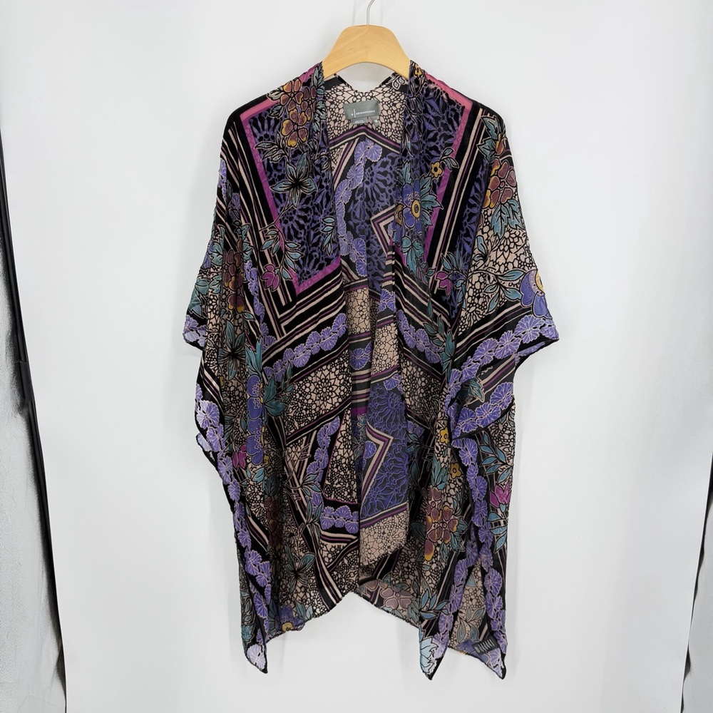 Floral Geometric Sheer Kimono Cardigan - Black & Purple